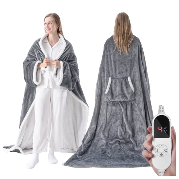 ELEKA Wearable Heated Blanket with Foot Pocket,Electric Blanket with Sleeves,6 Heating Levels,12 Hours Heating Time Settings,Drak Gray,52*72