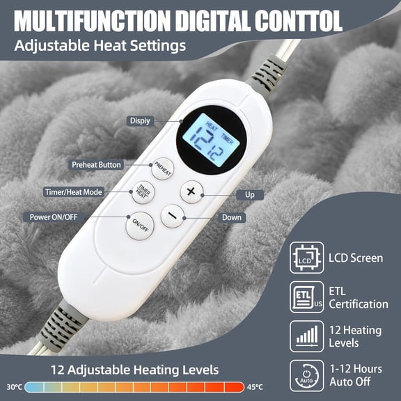 Electric Heated Blanket Throw 50" x 60" Soft Ribbed Faux Fur Flannel Fast Heating 12 Heat Levels 1–12H Timer & Overheat Protection & Auto Shut-Off & ETL FCC & Machine Washable Heated Throw (Gray)