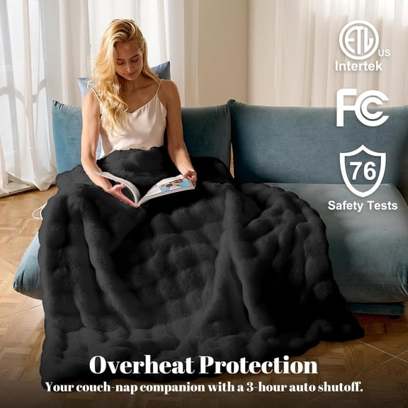 Electric Heated Blanket Throw 50''x60'',Luxury Faux Rabbit Fur Heating Throw Blankets,Fast Heating with 1/2/4/6/8/10 Hours,Overheat Protection, Quick Heating, Memory Function, Gift-Ready Design