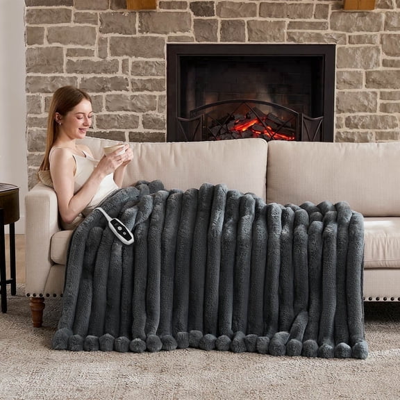 Electric Heated Blanket Throw 50"x60", Striped Faux Fur Cozy Heating Blanket Machine Washable with Overheat Protection Etl Certification , 10 Heating Level&4 Hours Auto-off,Warm Gift for Women.