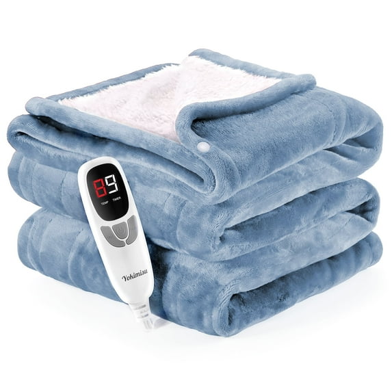 Ocuuziisu Electric Heated Blanket Throw Blanket 50" x 60" Flannel and Sherpa Electric Blanket with Buttons, 9 Heating Levels, Auto-off, Machine Washable, Blue