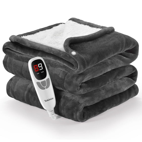Electric Heated Blanket Throw Blanket 50" x 60" Flannel and Sherpa Electric Blanket with Buttons, 9 Heating Levels, Auto-off, Machine Washable, Grey