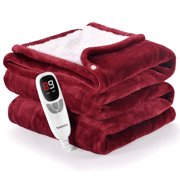 Ocuuziisu Electric Heated Blanket Throw Blanket 50" x 60" Flannel and Sherpa Electric Blanket with Buttons, 9 Heating Levels, Auto-off, Machine Washable, Red
