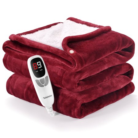 Ocuuziisu Electric Heated Blanket Throw Blanket 50" x 60" Flannel and Sherpa Electric Blanket with Buttons, 9 Heating Levels, Auto-off, Machine Washable, Red