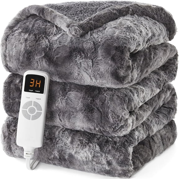 Electric Heated Blanket Throw Faux Fur, 10 Hours Auto Shut Off 9 Heating Levels Heating Blanket Throw, Soft Warm Heated Blanket Fast Heating, Faux Fur & Sherpa