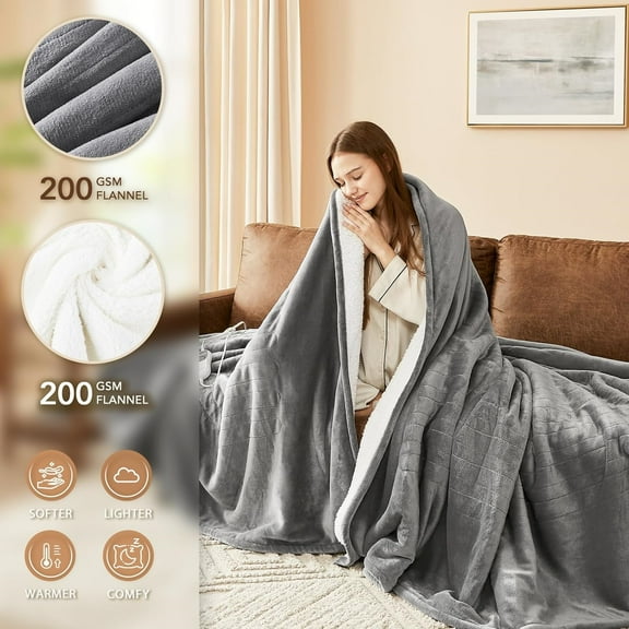 Electric Heated Blanket Twin - 62"x84" Heating Bed Blankets Throw with 10 Heating Levels 8 Hours Auto Off Fast Heating Over-Heated Protection Ultra Soft Warm Flannel Grey