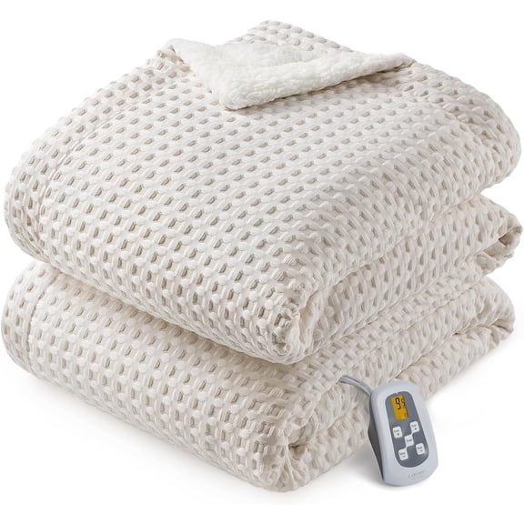 GARVEE Electric Heated Blanket Full Size,72"x84" Waffle Weave Fast Heating Blankets,10 Heat Levels & 1-12H Time Settings Auto Off,Beige