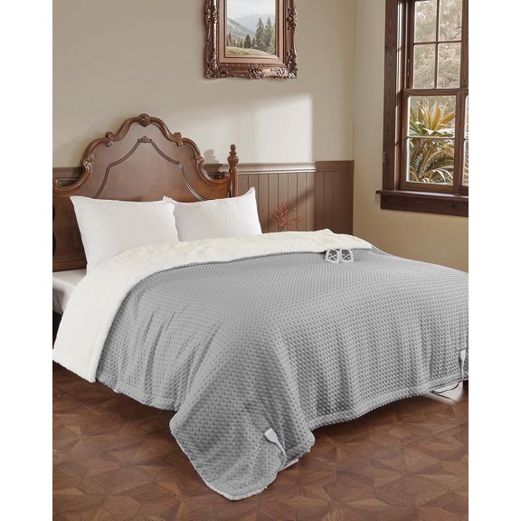 GARVEE Electric Heated Blanket King Size,100"x90" Waffle Weave Fast Heating Blankets,10 Heat Levels & 1-12H Time Settings Auto Off,Gray