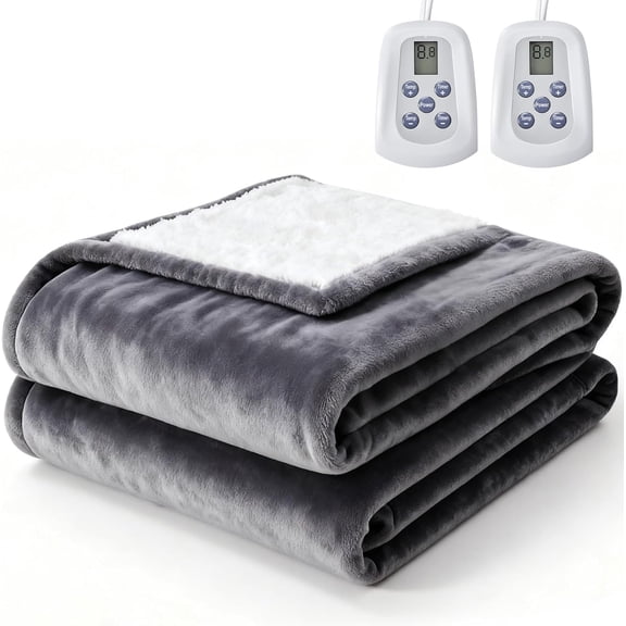 Electric Heated Blanket with Dual Zone Control, 10 Heat Settings & Auto Shut-Off, Machine Washable Flannel Sherpa Heating Blanket for Couples