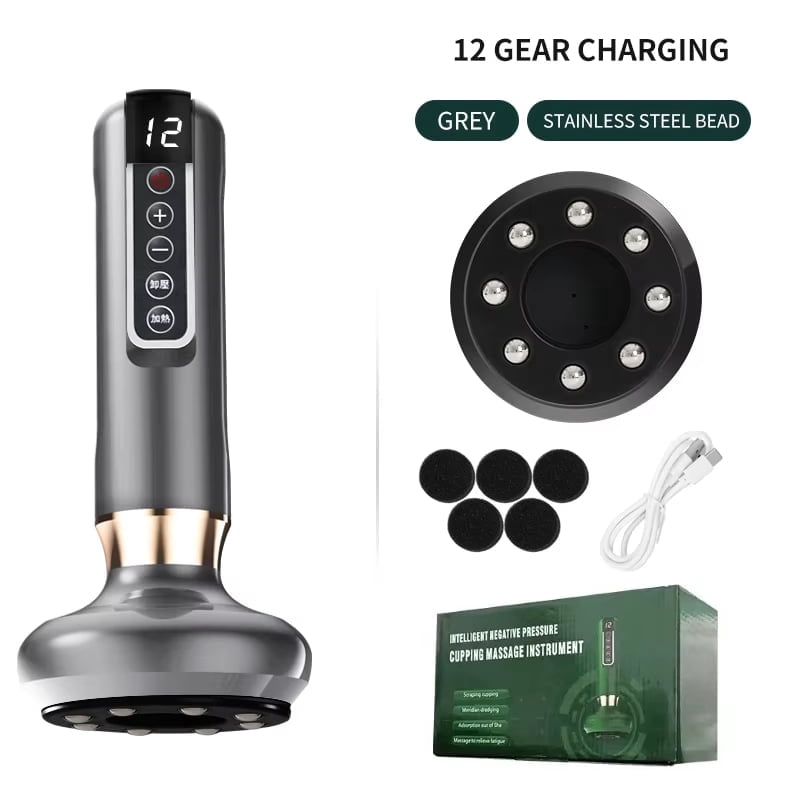 Electric Heated Cupping Massager – Cordless Gua Sha Device with Warm Stone & Red Light, 12 Suction Levels, Quick Release, Steel Ball Head, USB Rechargeable, Grey, A-15