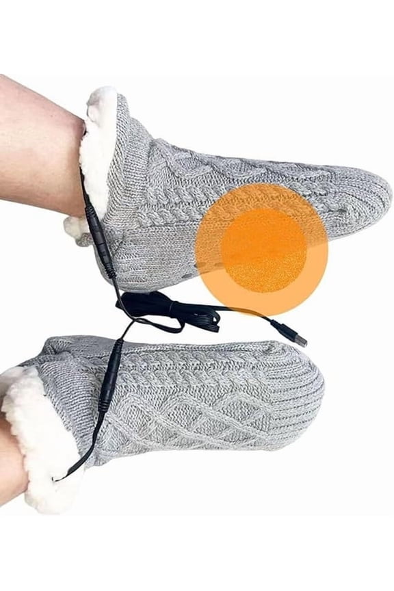 Electric Heated Fleece Socks for Family, Winter Cozy Fleece Lining Foot USB Heating Pad, Anti-Slip Thermal Christmas Home Knitted Heat Socks, Indoor Slippers Foot Warmer Heater Footwear (Gray)