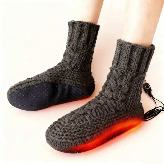 Electric Heated Fleece Socks for Men Women, Winter USB Heating Pad Knitted Socks Foot Heater Anti-Slip Thermal Indoor Footwear Foot Warmer Fit for Women's