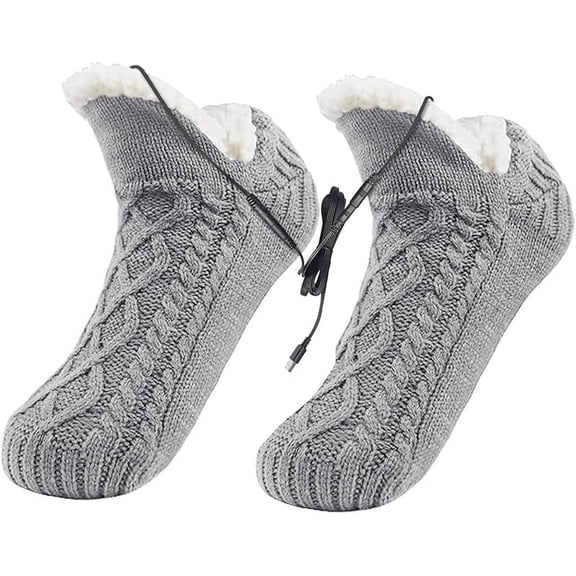 Electric Heated Fleece Socks Slippers for Men Women, Winter USB Heating Pad Knitted Socks Foot Heater Anti-Slip Thermal Home Indoor Slippers Footwear Foot Warmer- Fleece Socks/Grey