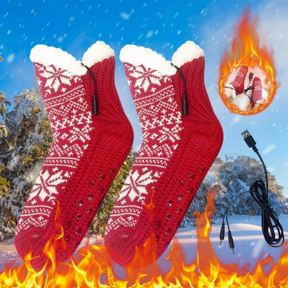 Electric Heated Fleece Socks Slippers for Men Women, Winter USB Heating Pad Knitted Socks Foot Heater Anti-Slip Thermal Home Indoor Slippers Footwear Foot Warmer