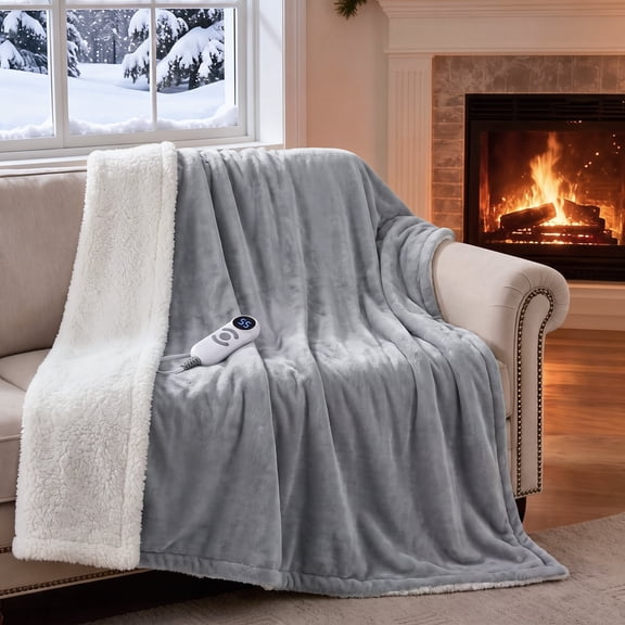 Solespit Electric Heated Blanket Full Size 72"x84", 8 Heat Levels 10 Hours Auto-off Timer Flannel & Sherpa Washable Warming Throws, Gray