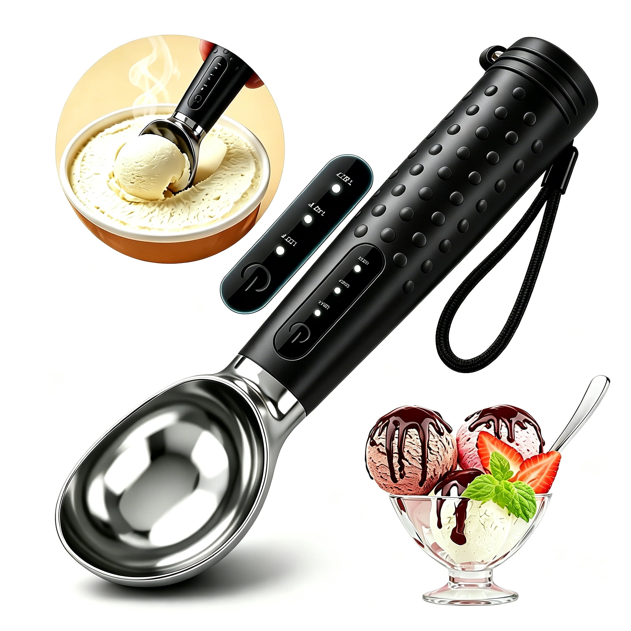 Electric Heated Ice Cream Scoop, Fast Heating, Rechargeable with LED Monitor, Waterproof Stainless Steel Metal Ice Cream Scoop with USB-C Charging