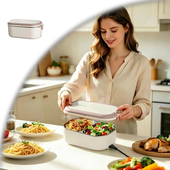 Electric Heated Lunch Box, 1.2L Stainless Steel Divided Food Container, Leakproof Bento Box with Power Cable for Home Office Use