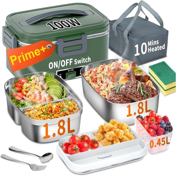 Electric Heated Lunch Box 100W 3-in-1 Portable Double Layer Food Warmer 1.8L 2 Pack for Car Office Home