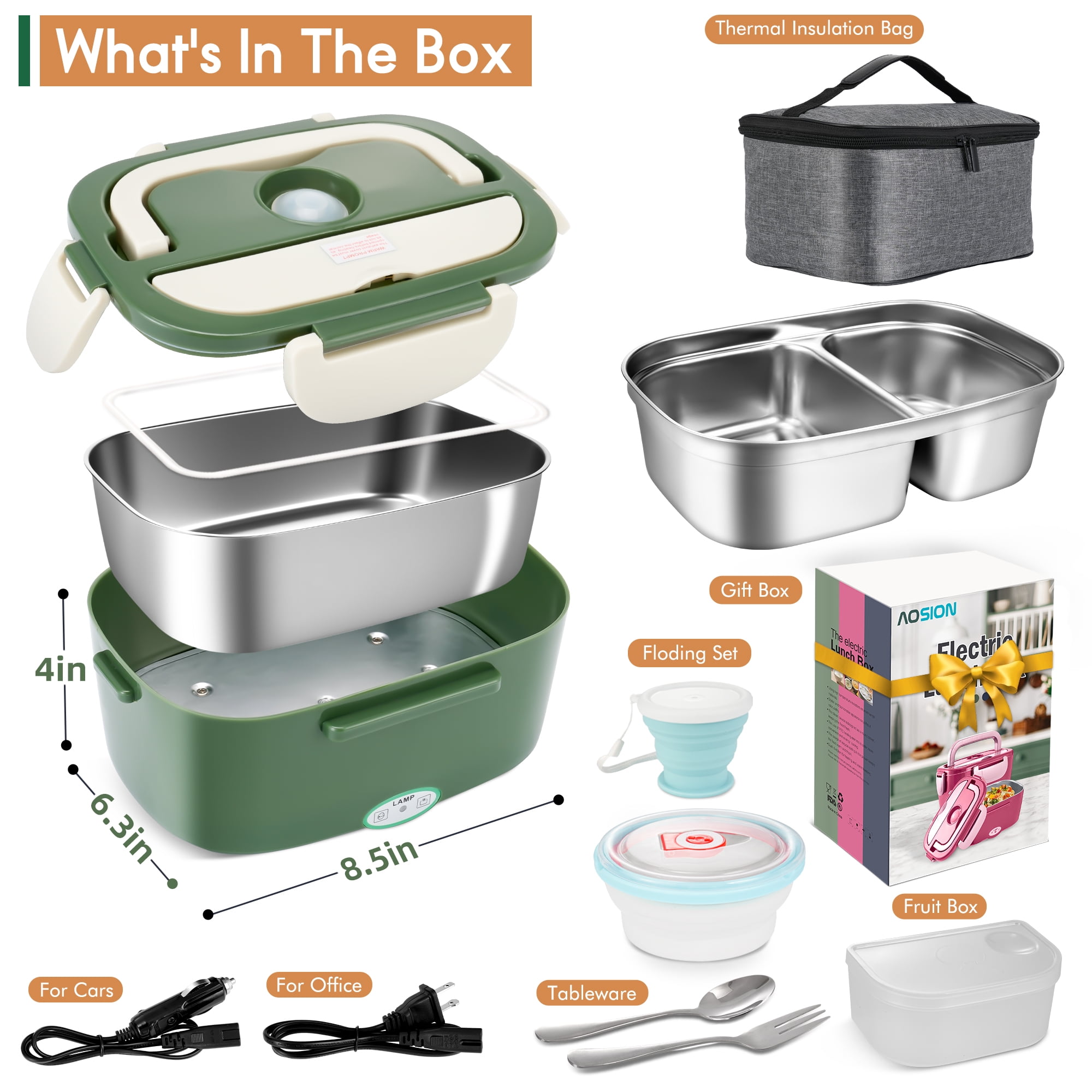 Electric Heated Lunch Box for Adults, 4 IN 1 Heating Lunch Box with 2 Pack 1.5L Container, 80W Lonchera Eléctrica Portátil, Food Warmer for Car/Truck/Office, Gift for Men (Green)
