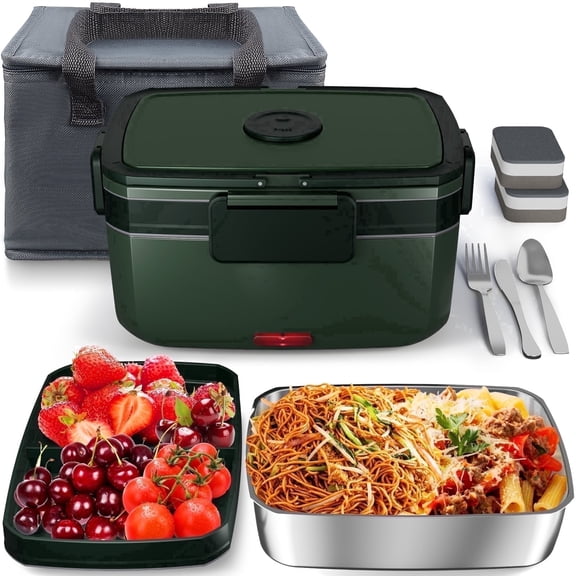 Sitlais Electric Heated Lunch Box, 3 Liters Double Layer Portable Food Warmer with Food Containers for Car, Truck, Office and Travel, 90 W, Green