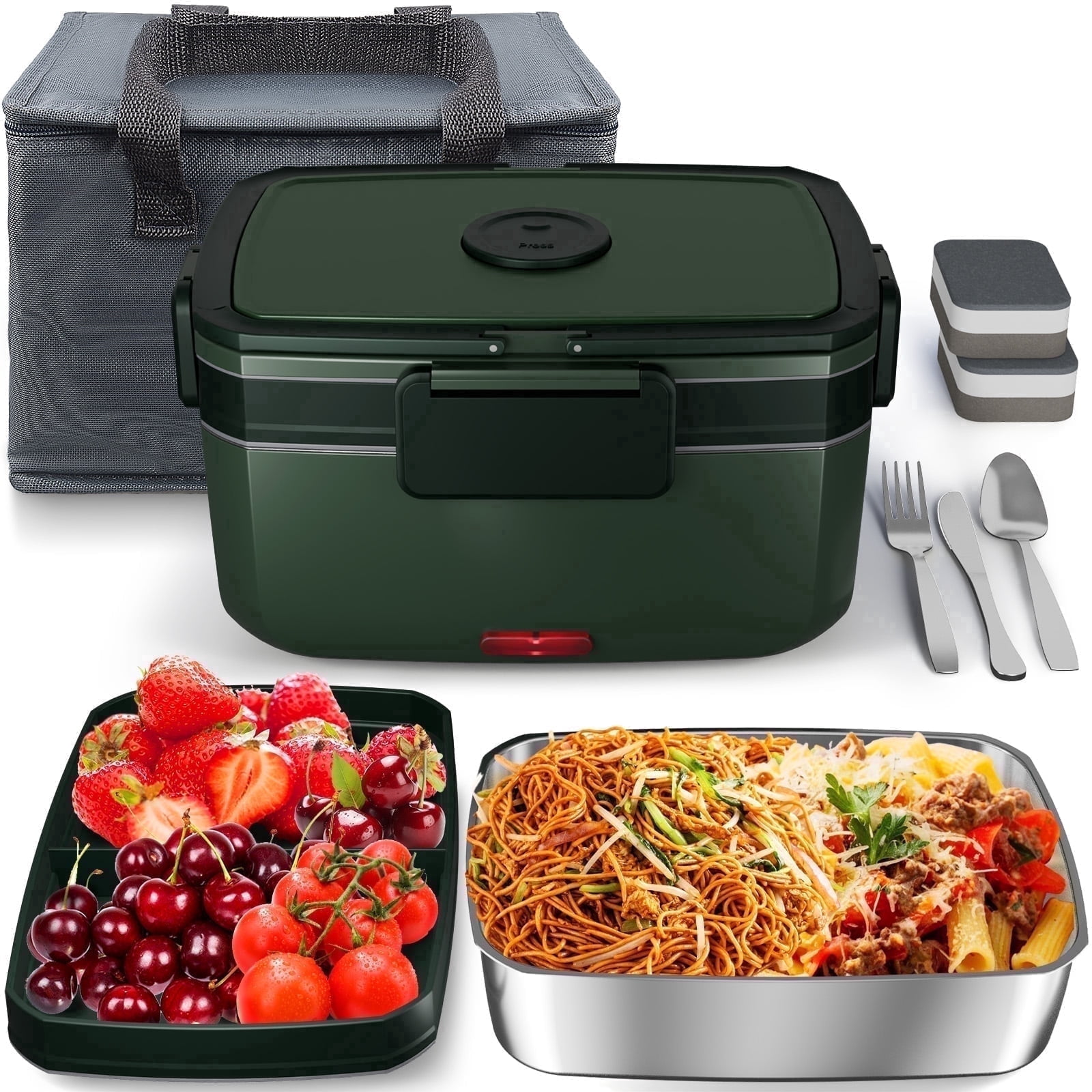 Electric Heated Lunch Box for Men - 3 Liters Double Layer Portable Food Warmer for Car Truck 90 W Self Heating Lunch Box for Adults Food Heater for Work Travel Camping lonchera,Green