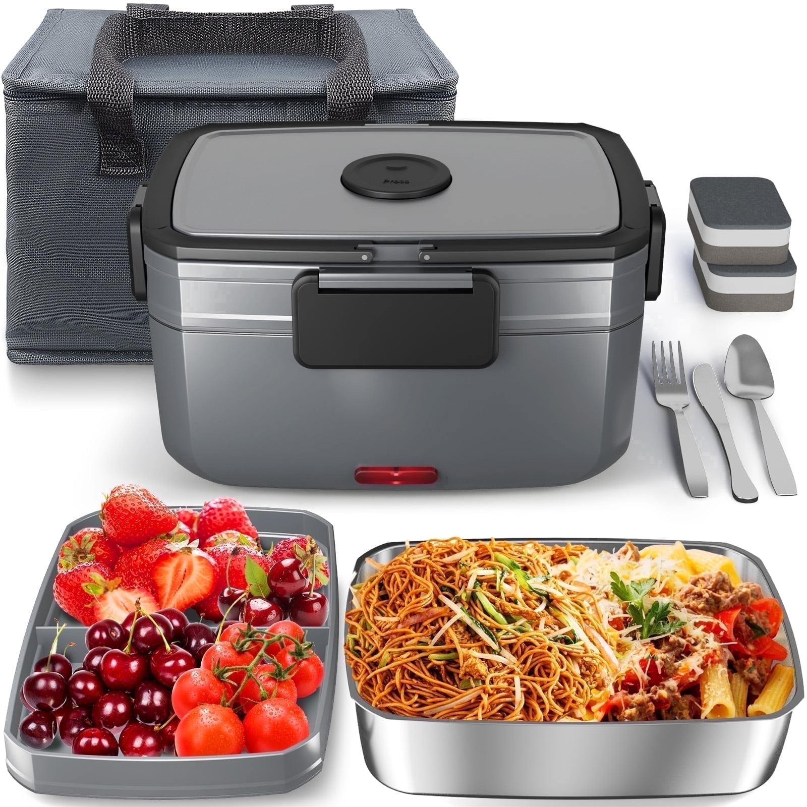 Electric Heated Lunch Box for Men - 3 Liters Double Layer Portable Food Warmer for Car Truck 90 W Self Heating Lunch Box for Adults Food Heater for Work Travel Camping lonchera,Dark Grey