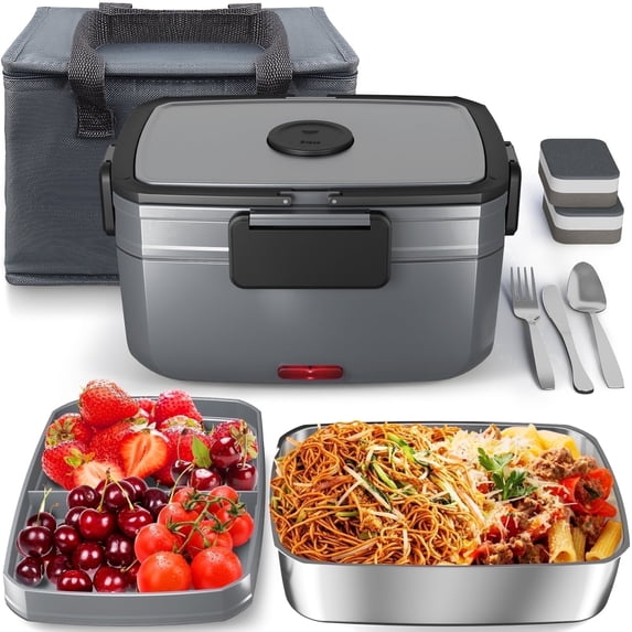 Electric Heated Lunch Box for Men - 3 Liters Double Layer Portable Food Warmer for Car Truck 90 W Self Heating Lunch Box for Adults Food Heater for Work Travel Camping lonchera,Dark Grey