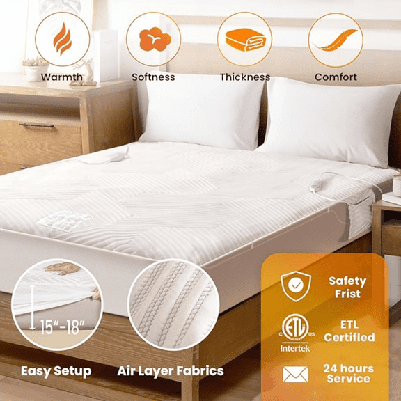 Electric Heated Mattress Pad Queen Size Dual Control Bed Warmer, Deep Pocket, Side Storage Pouch for Controller, Machine Washable, 3D Air Layer Fabric, 60"x80", Grey