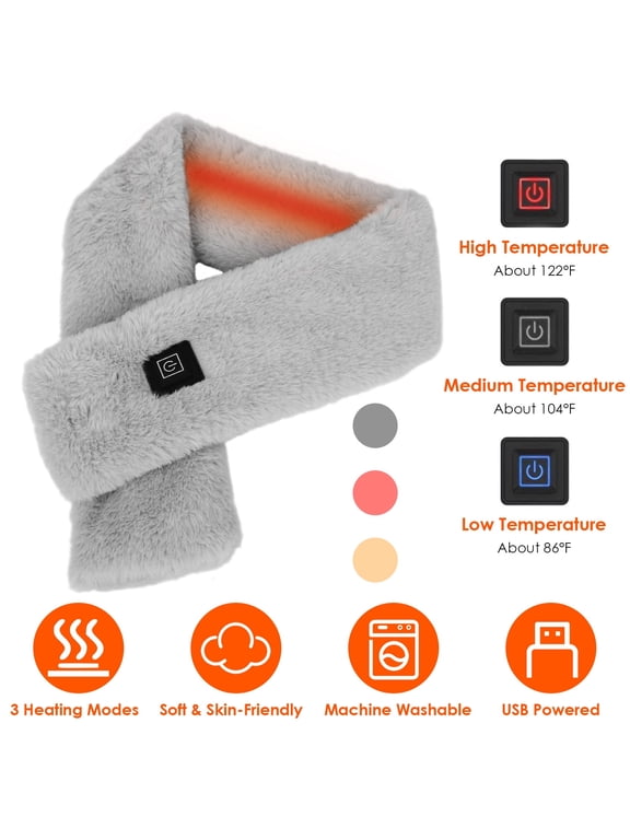 Electric Heated Scarf USB Heating Neck Wrap Unisex Winter Heated Neck Shawl Soft Warm Scarves with 3 Heating Modes for Adults Men Women, Grey