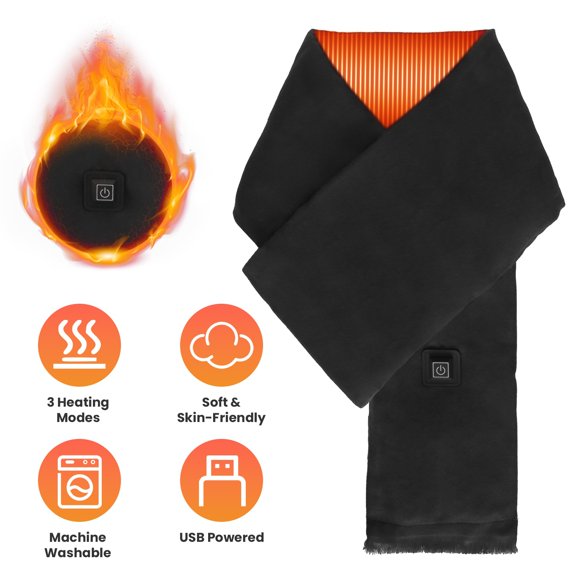 Electric Heated Scarf, USB Heating Neck Wrap Unisex Winter Soft Scarves with 3 Heating Modes for Outdoor Cycling Skiing Skating, Black (Without Battery)
