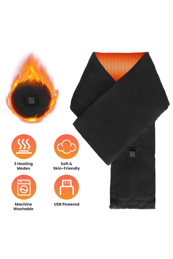 Electric Heated Scarf, USB Heating Neck Wrap Unisex Winter Soft Scarves with 3 Heating Modes for Outdoor Cycling Skiing Skating, Black (Without Battery)