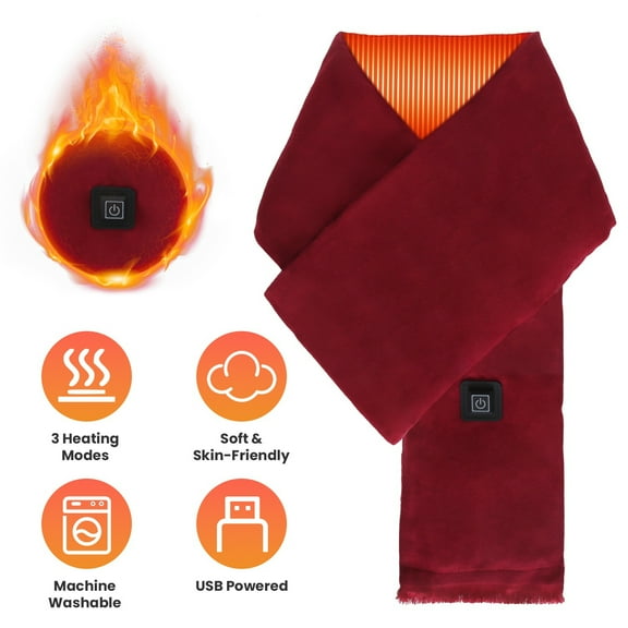 Electric Heated Scarf, USB Heating Neck Wrap Unisex Winter Soft Scarves with 3 Heating Modes for Outdoor Cycling Skiing Skating, Wine Red (Without Battery)