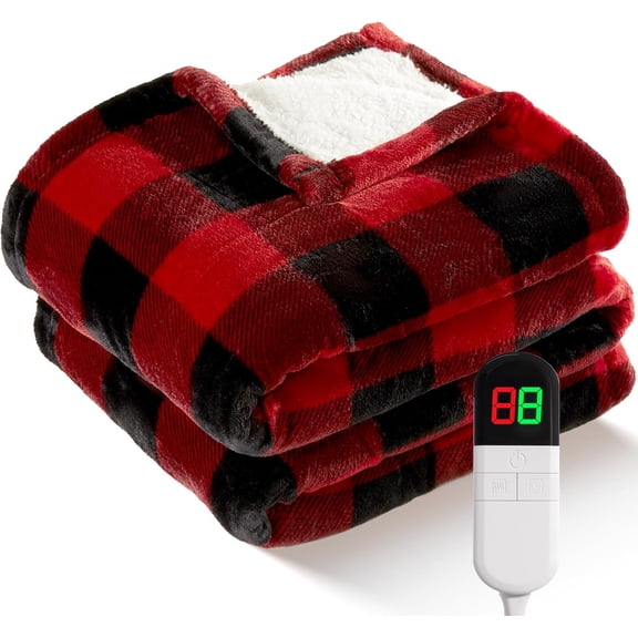 Electric Heated Sherpa Buffalo Plaid Christmas Throw Blanket with 8 Heating Levels & 8 Hours Auto Off, Heating Warm Plush Washable Blanket with Over-Heat Protection, ETL Certification, Red