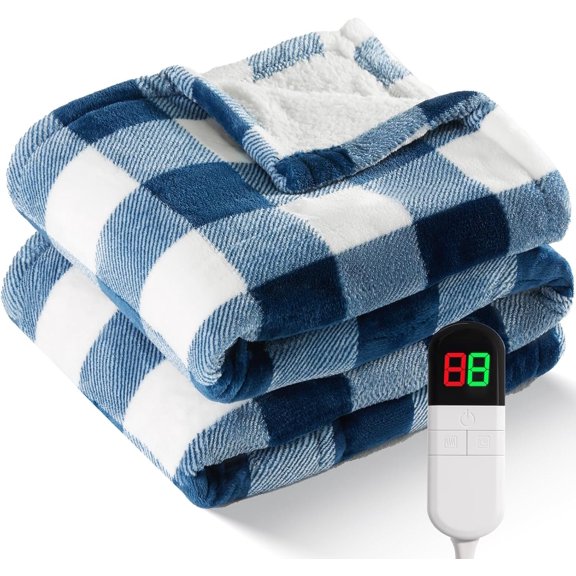 Electric Heated Sherpa Buffalo Plaid Christmas Throw Blanket with 8 Heating Levels & 8 Hours Auto Off, Heating Warm Plush Washable Blanket with Over-Heat Protection, ETL Certification, Blue