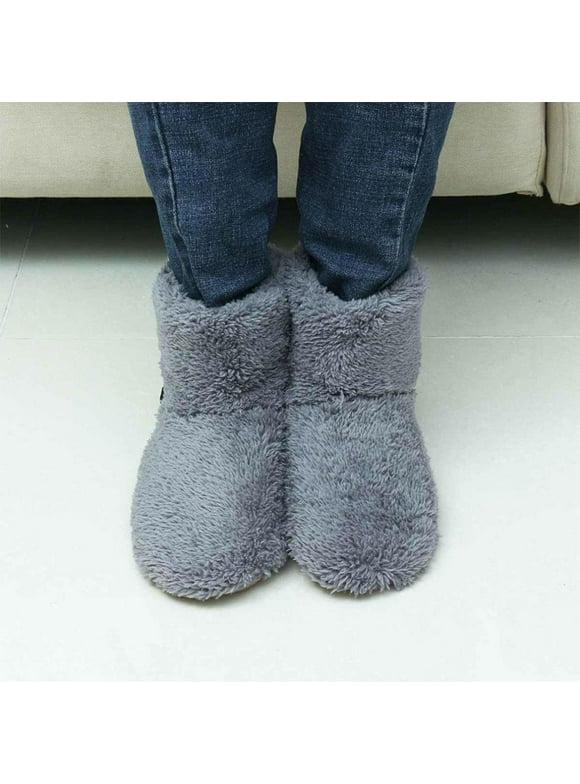 Electric Heated Slippers, USB Heated Plush s Quick Heating Shoes Boots with Carbon Fiber Heating Pad for Home Women Men , grey