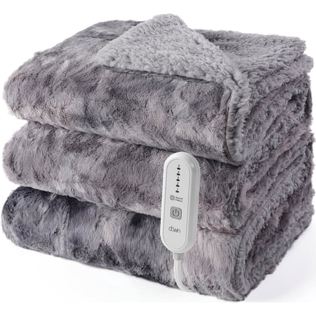 Dowin Faux Fur Grey Electric Blanket Heated Throw 50"x 60", 5 Heat Settings&4Hrs Auto-off, Machine Washable, Cozy Plush Warmth for Couch Bed