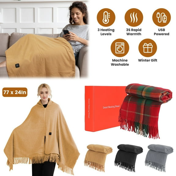Electric Heated Throw Blanket Wearable Heating Blanket with Zipper Portable USB Heated Shawl 3 Heating Levels Machine Washable 77"x24" Brown