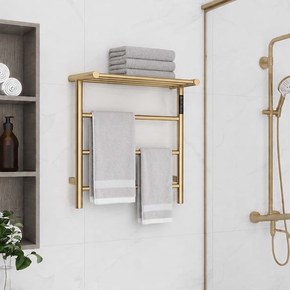 Electric Heated Towel Rack with Top Shelf, 3-Bar Stainless Steel Towel Warmer for Bathroom, Adjustable Heat, LED Display and Timer, Gold