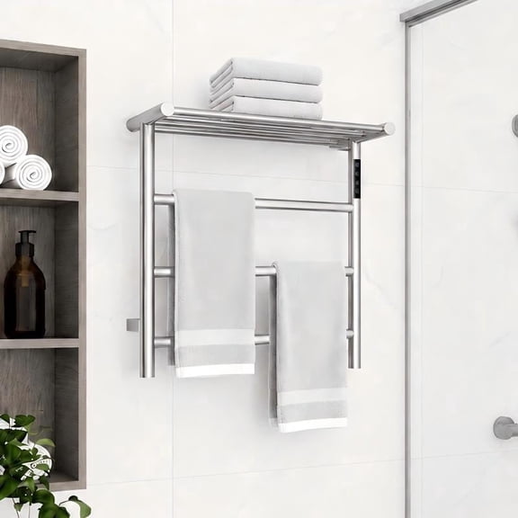 Electric Heated Towel Rack with Top Shelf, 3-Bar Stainless Steel Towel Warmer for Bathroom, Adjustable Heat, LED Display and Timer, Silver