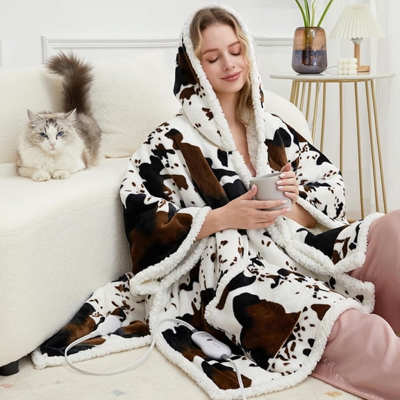 Electric Heated Wrap for Women, Cow Print Wearable Blanket with Hood & Pocket, 4 Heat Levels Auto Shut-Off Soft Heating Blanket (White Cow Print, 50" x 64")