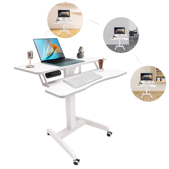Electric Height Adjustable Podium Desk, Rolling Electric Podium Desk, Mobile Standing Computer Desk for Home Offices, Lectures and Training, Conference Presentations, and Other Scenarios