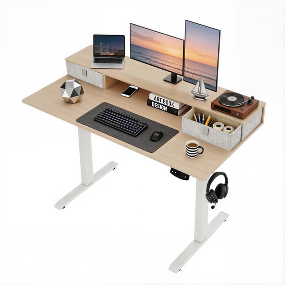 Electric Height Adjustable Standing Desk, 48 x 24 Inch Stand Up Desk with Memory Controller, 2 Preset Heights, Built-In Monitor Stand, Ergonomic Computer Desk for Home Office & Gaming