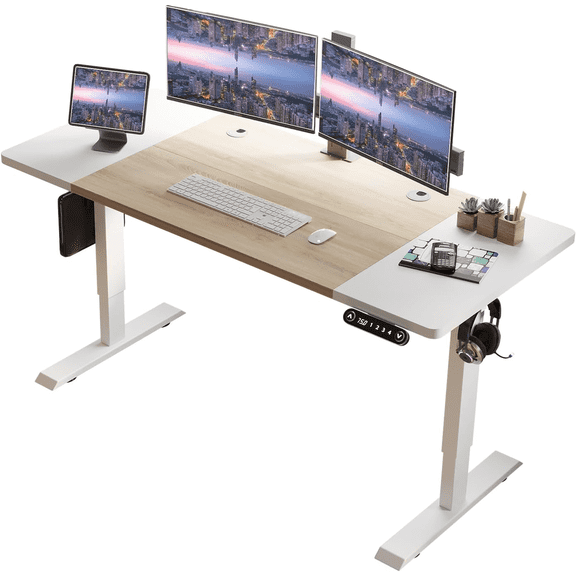 Electric Height Adjustable Standing Desk, 63x 30 Inches Stand Up Desk Workstation, Splice Board Home Office Computer Standing Table Ergonomic Desk (White+ Oak, 63x30'')