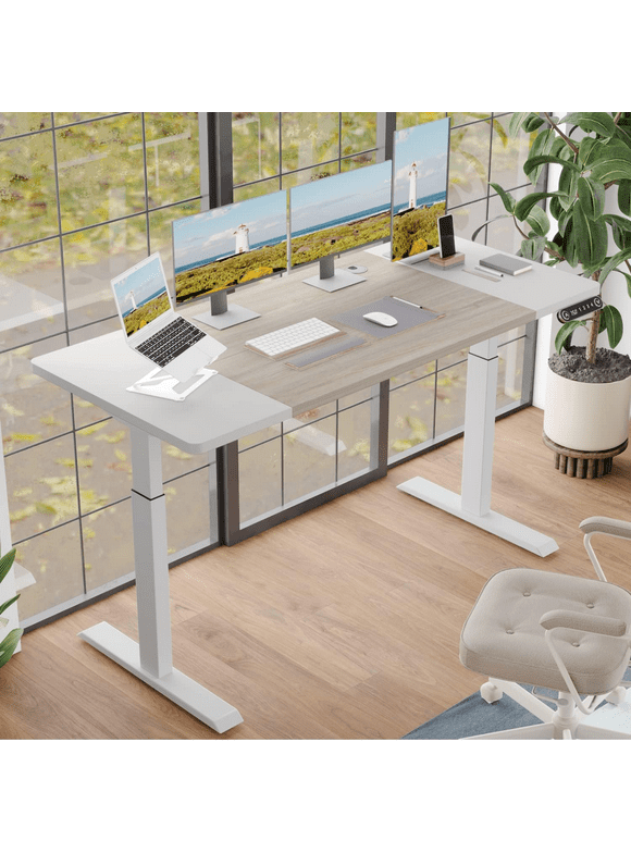 Electric Height Adjustable Standing Desk, 63x 30 Inches Stand Up Desk Workstation, Splice Board Home Office Computer Standing Table Ergonomic Desk (White+ Oak, 63x30'')