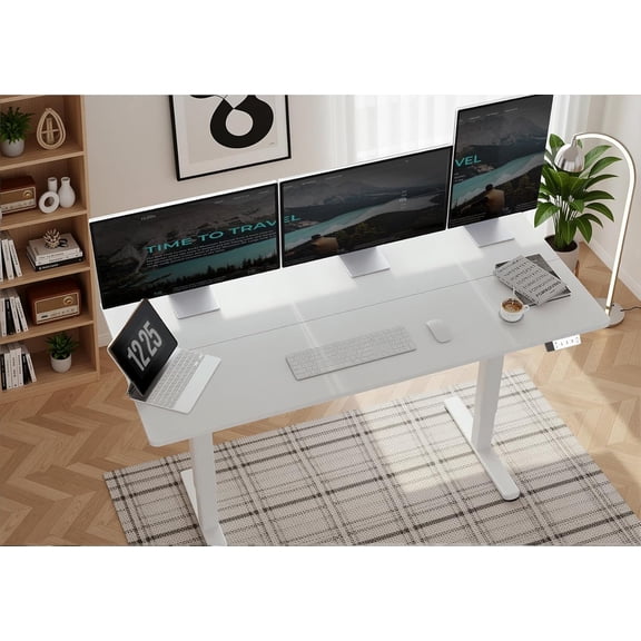 Electric Height Adjustable Standing Desk Converter 55x24 Inch Sit Stand with T-Shaped Frame Memory Presets Cable Management Home Office Workstation White
