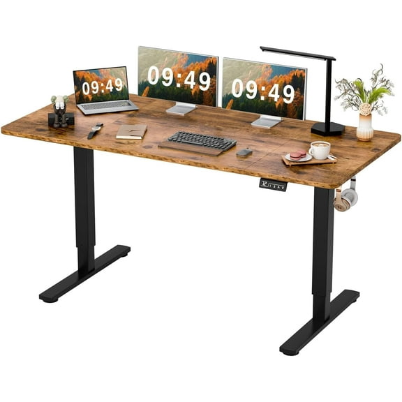 Electric Height Adjustable Standing Desk Large 63 x 24 Inches Sit Stand up Desk Home Office Computer Desk Memory Preset with T-Shaped Metal Bracket, Brown
