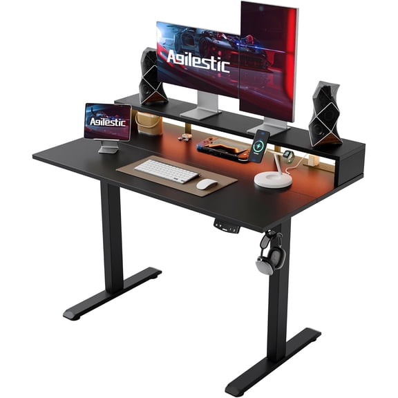 Electric Height Adjustable Standing Desk with Power Outlet and LED Light Strip, Sit to Stand, Ergonomic 48x24" Rising Memory Presets, Home Office Workstation, Computer Gaming Table, Black