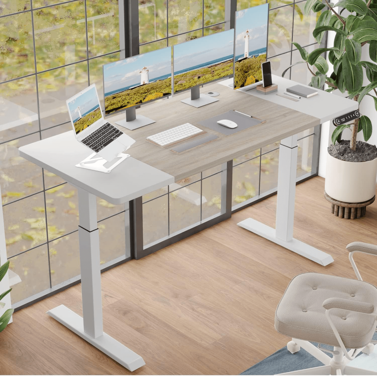 Electric Height Adjustable Standing Desk(Roller), 55 x 24 Inches Stand Up Desk Workstation, Splice Board Home Office Computer Standing Table Ergonomic Desk (White Frame + 55" White+Maple Top)