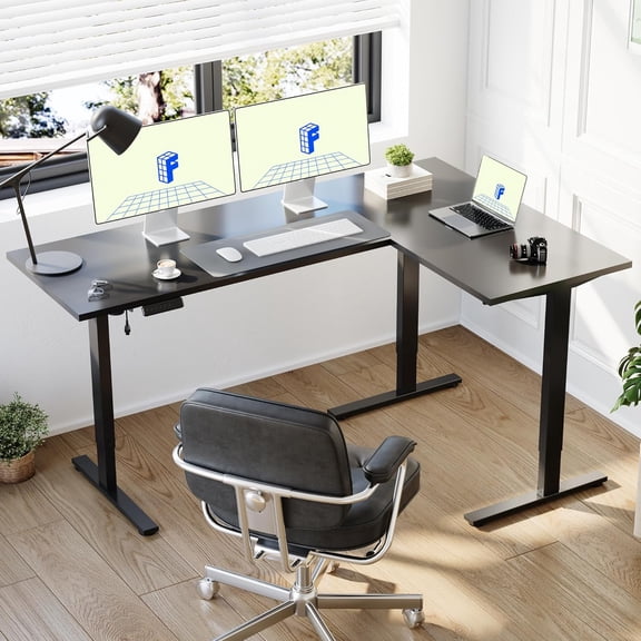 Electric Height Adjustable Standing L Shaped Corner Desk Frame, 3-Leg Ergonomic Sit Stand Workstation for Home Office, Black