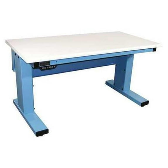 Electric Height Adjustable Workstation, White Plastic Laminate with 90 deg Rolled Front Edge, Light Blue Frame - 60 x 30 in.